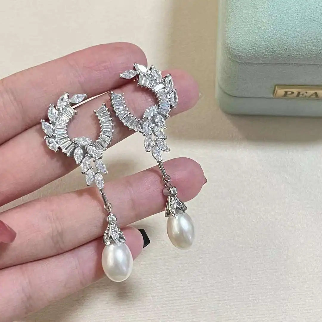 Princess's Same Angel Wings Women's Drop Earrings 9-10MM Natural High Quality Rice Shape Freshwater Pearl Platinum Party Gift