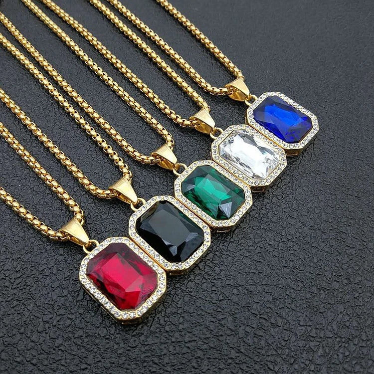 Custom Wholesale Gold Plated Stainless Steel Ruby Red Rectangle Natural Gemstone Fashion Fine Pendant Necklaces for Women