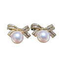 Fine Women Jewelry Bow Tie Glitter Rhinestone Dangle Earrings Real Freshwater Pearl 18K Gold Plated Earrings for Fashion Girls