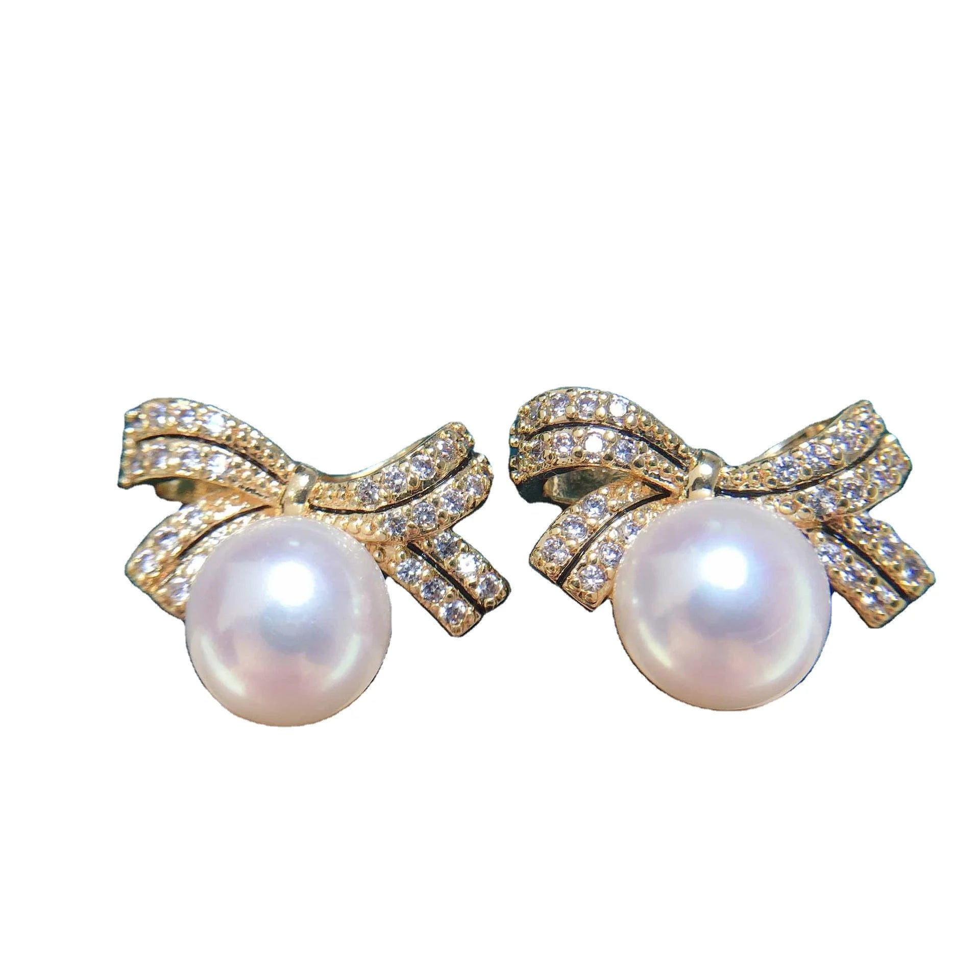 Fine Women Jewelry Bow Tie Glitter Rhinestone Dangle Earrings Real Freshwater Pearl 18K Gold Plated Earrings for Fashion Girls