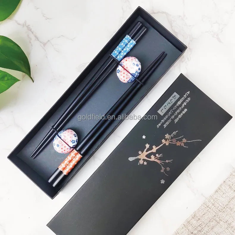 High-End 100% Custom Nature Wooden Chopsticks with Ceramic Chopstick Holder with Small Floral Pattern Gift Set Box