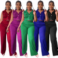 Two Piece Set Women Outfit 2025 Summer Fashion Sleeveless Turn-Down Collar Crop Top & Casual High Waist Pocket Design Pants Set