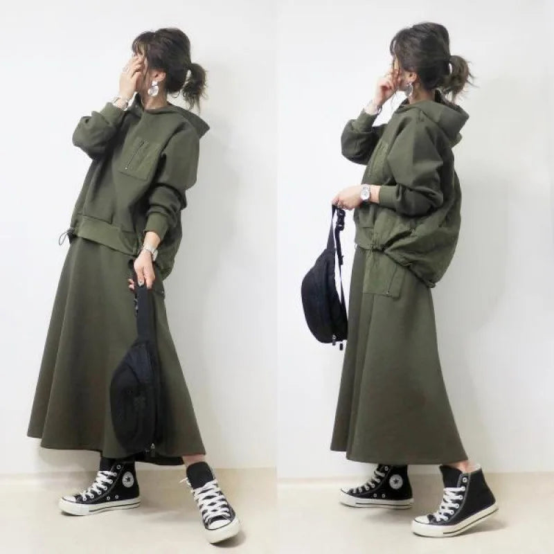Boutique Wholesale 2026 Autumn New Fashionable Long Sleeved Patchwork Sweatshirt Elastic Waist A-line Skirt Women's Set