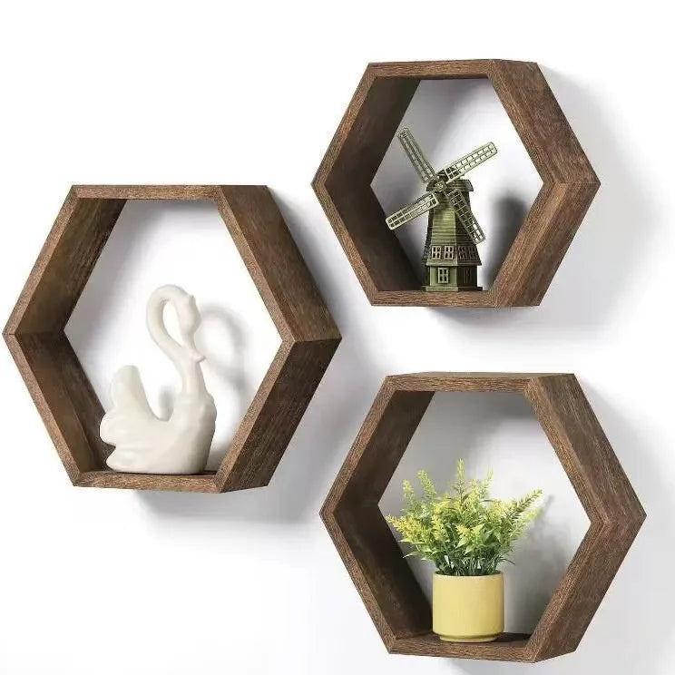 High Quality Modern Wood Wall Mounted Storage Honeycomb Hexagonal Shelves for Living Room