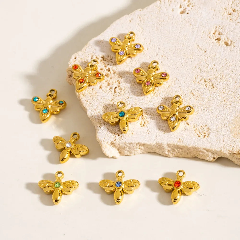 Gold-Plated Stainless Steel Bee Pendant with CZ Zircon Tiny Bee Insect Charm for Necklace Jewelry Making Fashion Pendants Charms