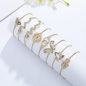 Wholesale Fashion Laminated Gold Jewelry Joyeria Cubic Zirconia 18K Gold Plated Animal Pendant Push Pull Hand Bracelet for Women