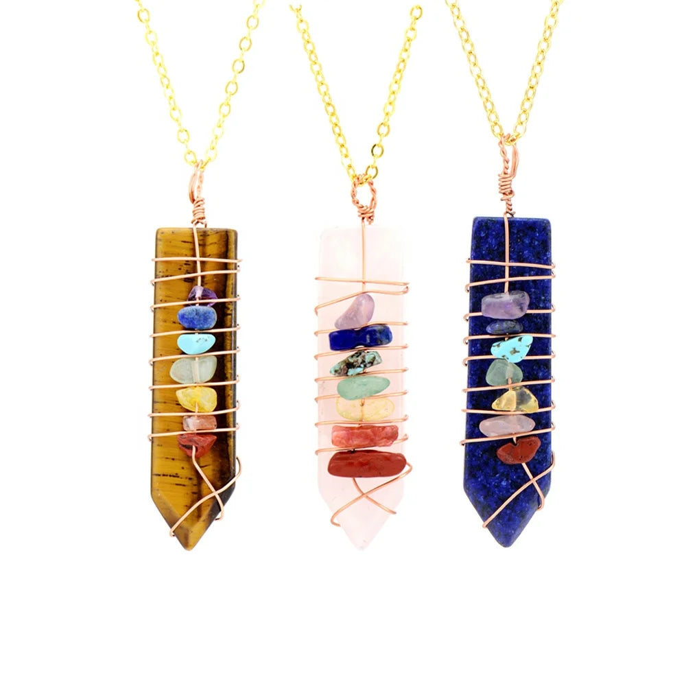 Handmade 7-Color Chakra Stone Necklaces Gold Brass Sword Pattern Natural Crystal Energy Balance for Couples Spiritual Healing
