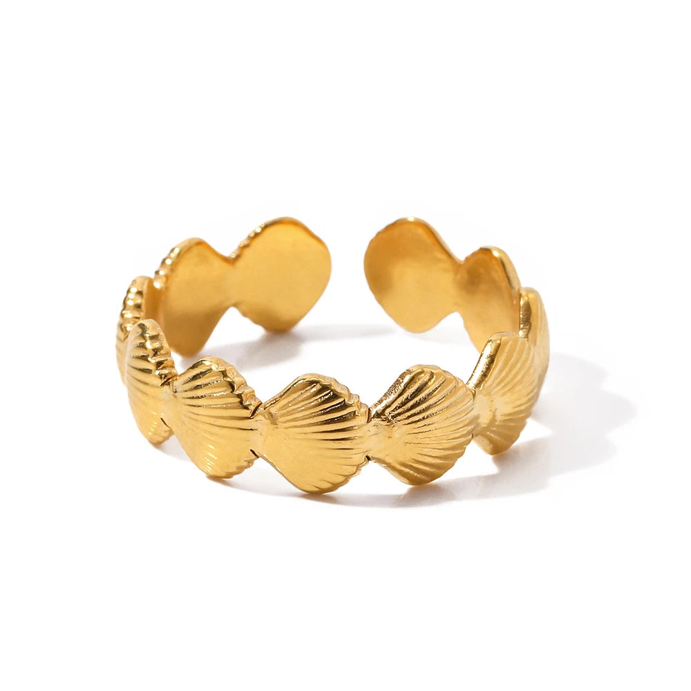 Charm Stainless Steel 18K Gold Plated Jewelry Gift Opening Scallop Shell Chain Rings for Women