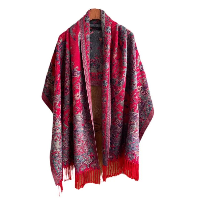 BESTELLA Women's Retro-Style Ethnic Tassel Cape Scarf Coat Premium Upgraded Polyester Shawl Customizable for Autumn Season