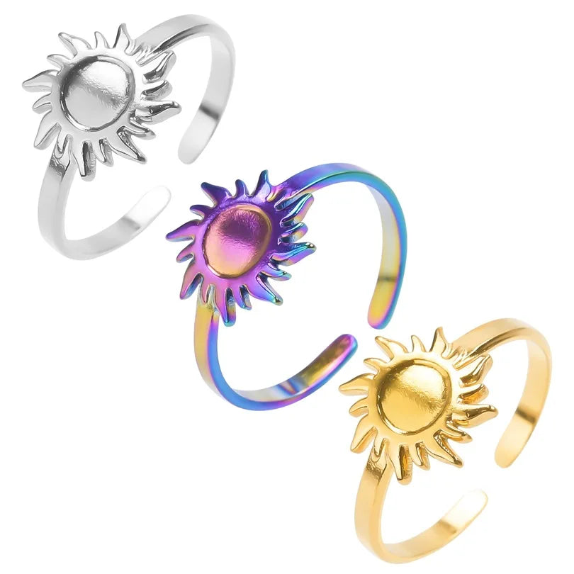 SC New Arrival Cool Colorful Silver Gold Couple Rings Trendy Stainless Steel Rings Creative Open Adjustable Sun Rings for Women