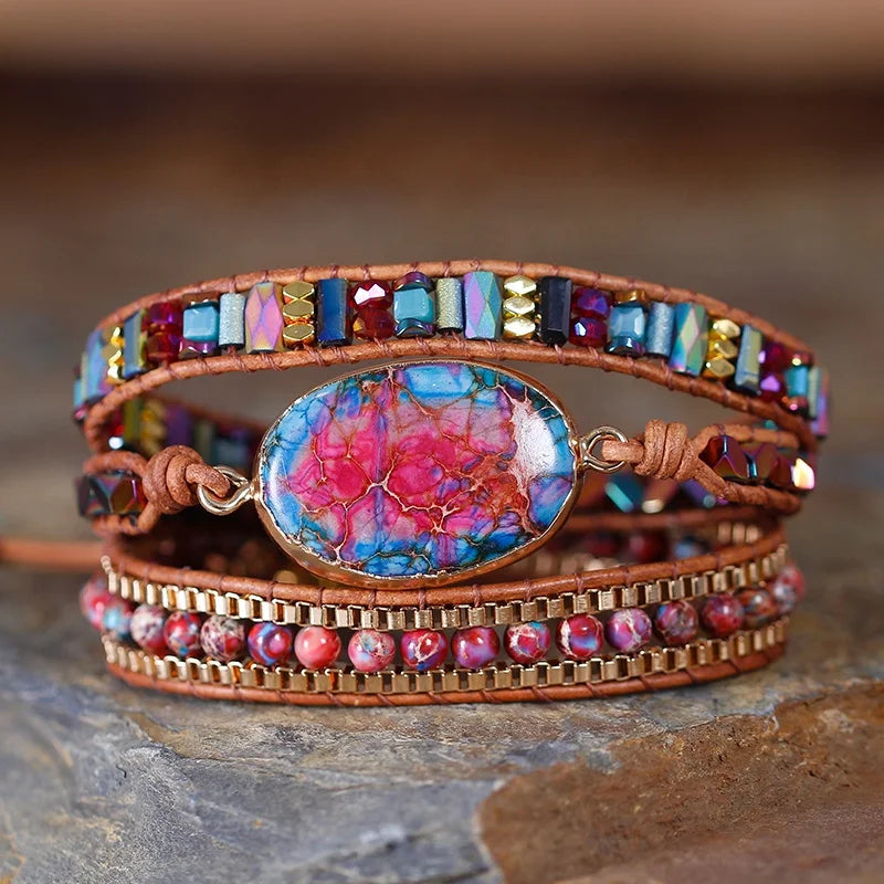 Natural Stone Pink Jaspers Beaded Leather Wrap Bracelet for Women BOHO Triple Statement Bracelet Yoga Jewelry Friendship Gifts