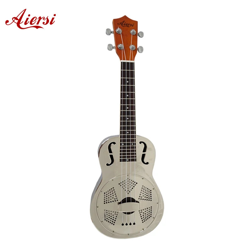 Aiersi Brand F Holes Gloss Resonator Ukulele 4 String Guitar 24 Inch Metal Body Concert Ukulele with Foam case for Adults Player