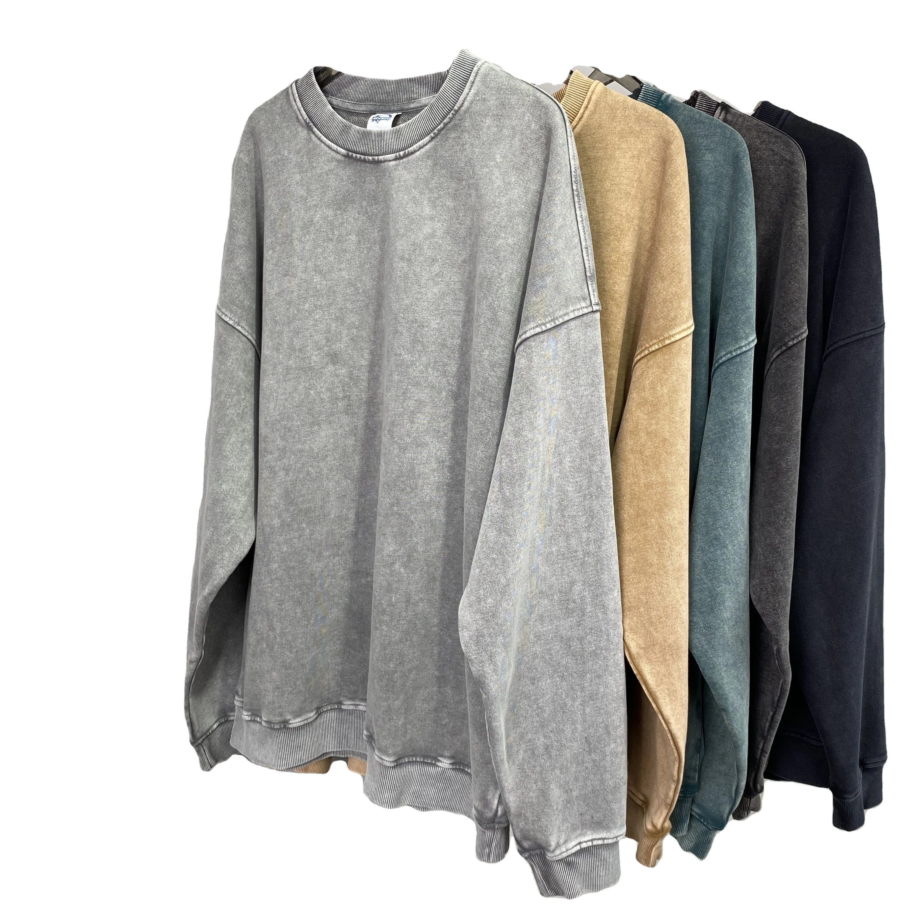 Wholesale Unisex Premium Cotton French Terry 420gsm Eco-Friendly Oversized O-Neck Solid Winter Acid Wash Vintage Sweatshirt