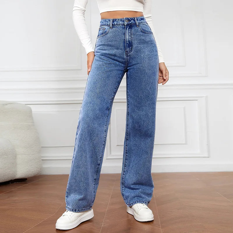 Women Blue Straight Leg Denim Loose Jeans Casual High Waist Jeans Trousers