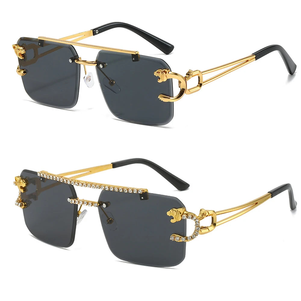 2024 Vintage Leopard Rectangle Rimless Gold Alloy Bling Luxury Sunglasses for Women Men Retro UV400 Protection Custom Logo