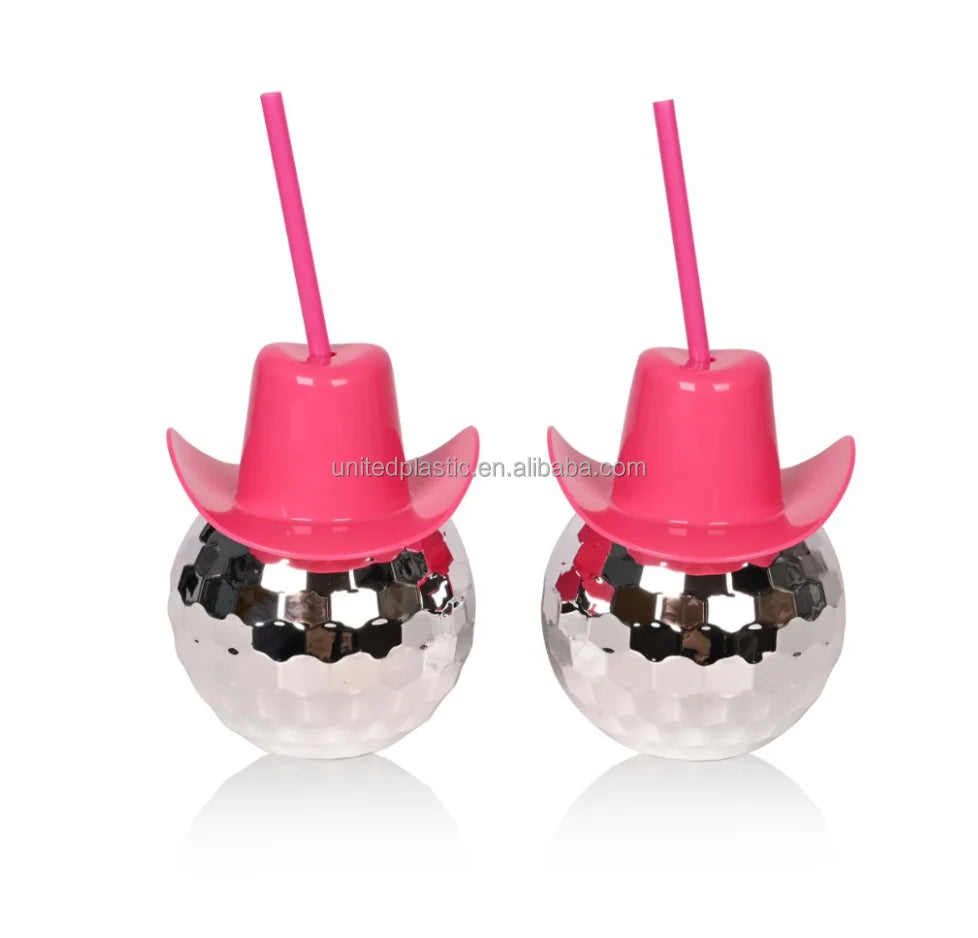 20 OZ Silver Plastic Disco Ball Cup Mirror Tumbler with Pink Cowgirl Hat Cups with Straw BPA Free Reusable Cups for Party