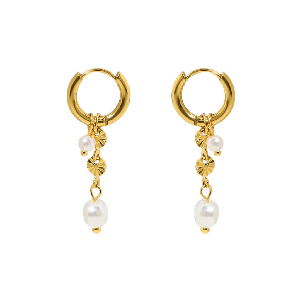 Elegant Fashion 18K Gold Plated Stainless Steel Imitation Pearl Dangle Earrings Jewelry for Women Waterproof