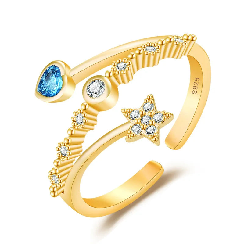 Fashion Jewelry Silver Micro Pave Zircon Shiny Finger Ring for Women Copper Resizeable Cooper Adjustable Star Zircon Gold Ring