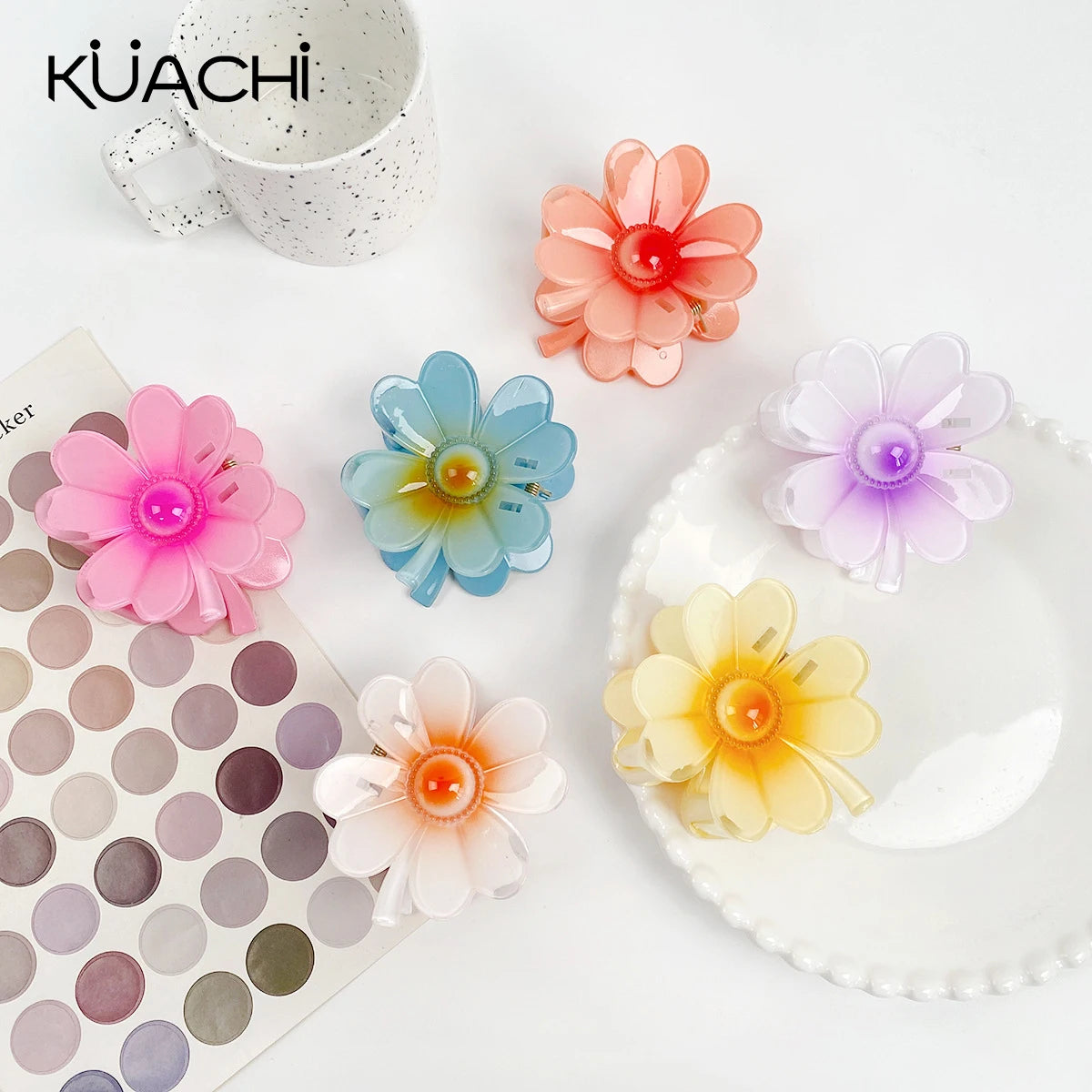 KUACHI Wholesale Korean New Design Plastic Flower Hair Claw Cute Girls Large Sweet Gradient Hair Claw
