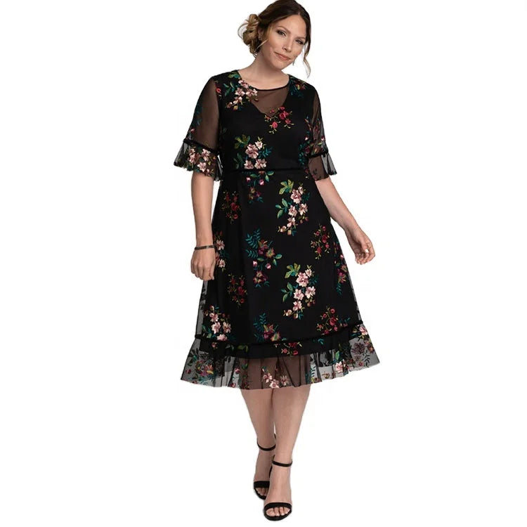 2026 Women Wildflower Embroidery Lace Mesh Party Dinner Evening Elegant Dress 1XL 2XL 3XL 4XL 5XL