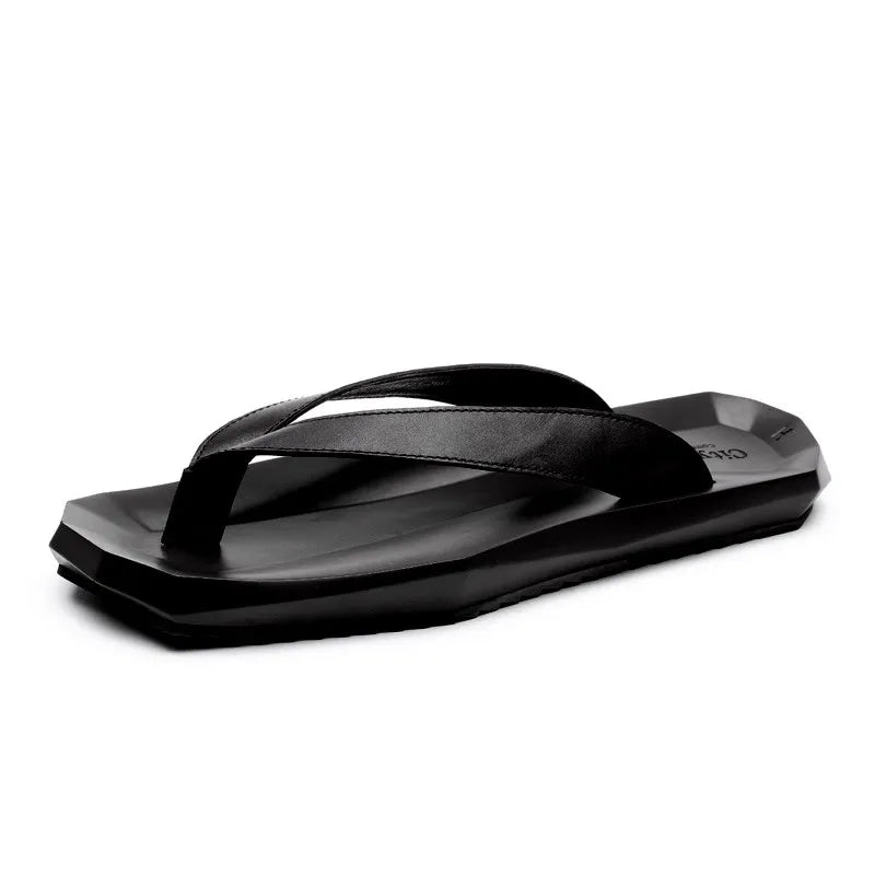 Senpin Men's Korean Style Summer Outdoor Flip-Flops Genuine Cowhide Leather Rubber Midsole Thick Sole Non-Slip Solid Slippers