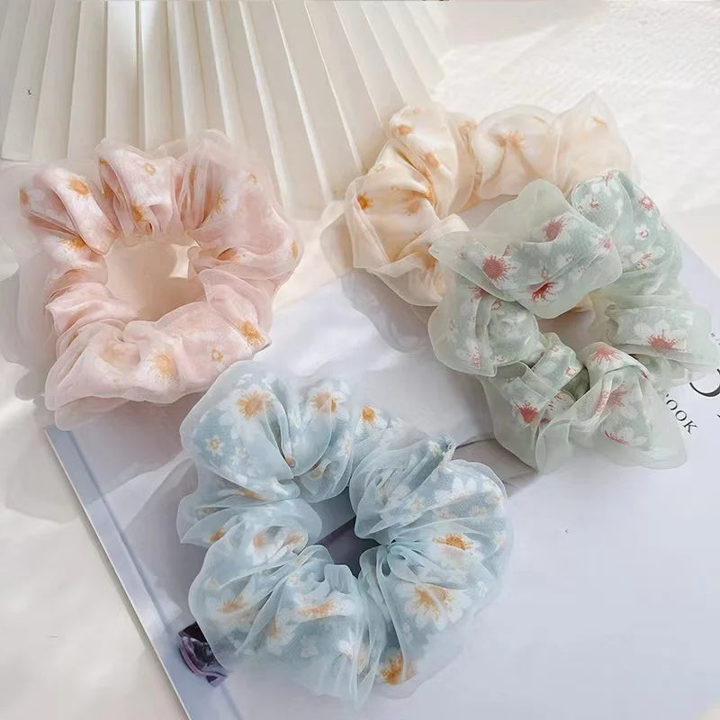 Wholesale Custom Two-Layer Double-Layered Scrunchies Sweet Flower Transparent Big Organza Mesh Ponytail Hairbands Fashionable