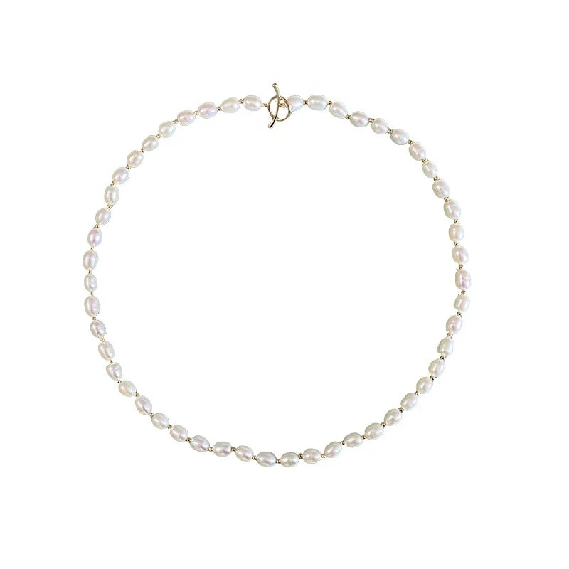 7-8mm Classic Rice Shape Natural Pearls Necklace 14K Gold Plated Freshwater Flower Pattern Romantic Link Unisex Gift