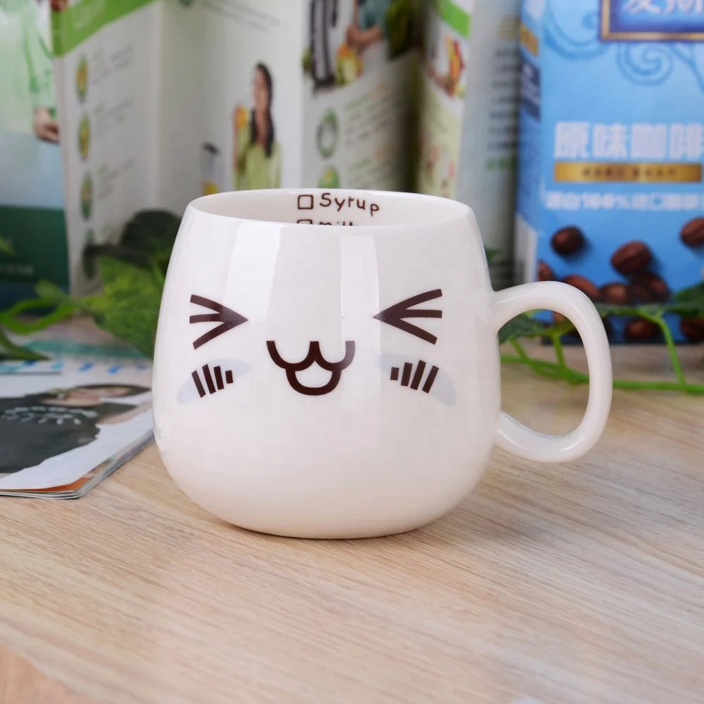 China Factory Export Cute Lovely Funny Smile Face Colorful logo Printing Design 300ml Ceramic Water Coffee Mug Cup