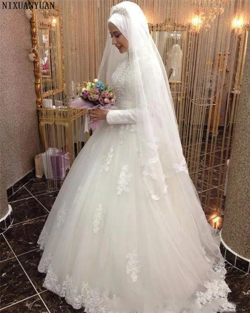 AL1526 Elegant Simple Tulle Lace Fabric Wedding Evening Dress 2023 African Bride Muslim Wedding Dress with Crystal Decoration