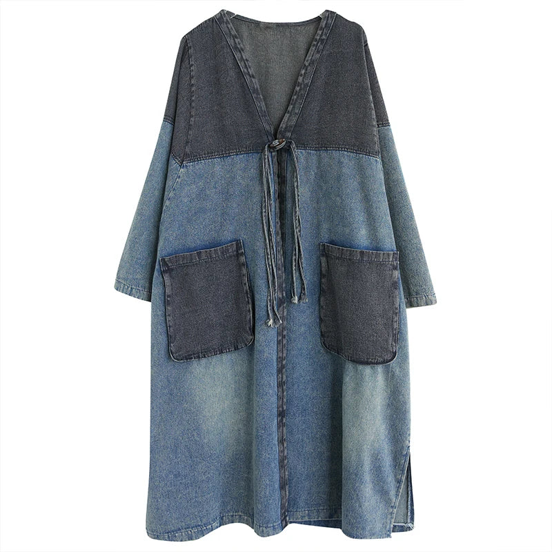 Wholesale 2026 Autumn Vintage Ground White Washed Denim Loose Contrast Stitching Casual Long Women's Coats