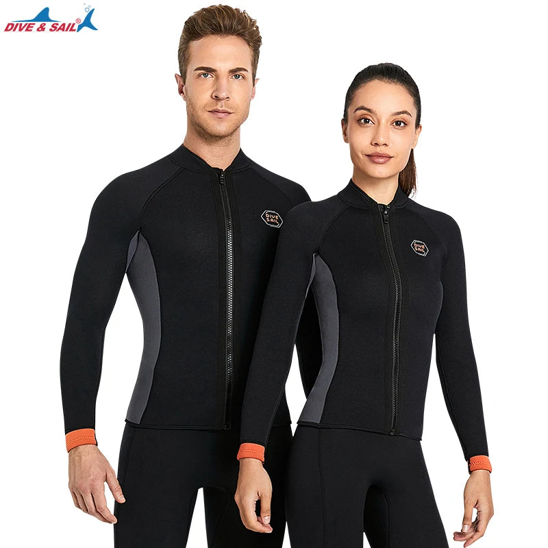 DIVE&SAIL Wholesale Customized Women Man Front Zip Neoprene 3mm Split Surf Long Sleeve Warm Diving Wetsuit Jacket Top
