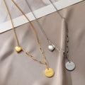 Stainless Steel Disc Coin Pendant Engraved Necklace Silver 18k Gold Plated Heart Charm With Ball Chain Cuban Link Chain Necklace
