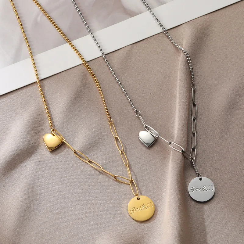 Stainless Steel Disc Coin Pendant Engraved Necklace Silver 18k Gold Plated Heart Charm With Ball Chain Cuban Link Chain Necklace