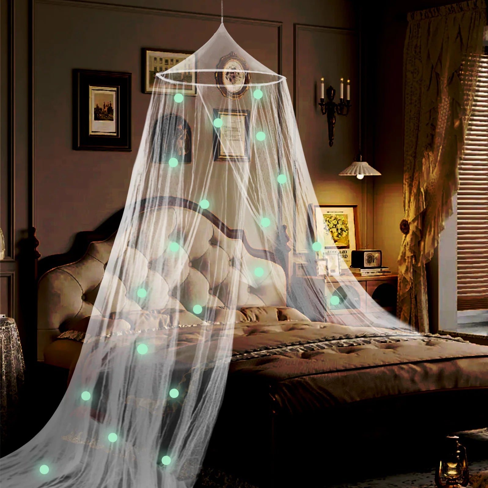 European Romantic Luminous Printed Decorative Round Shape Queen Size Bed Mosquito Net Folded for Adults Use at Home