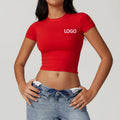 Women High Waist Stretchy Quick Dry Lightweight Yoga T Shirt Round Neck Crop Top Nylon Spandex Sport Shirt