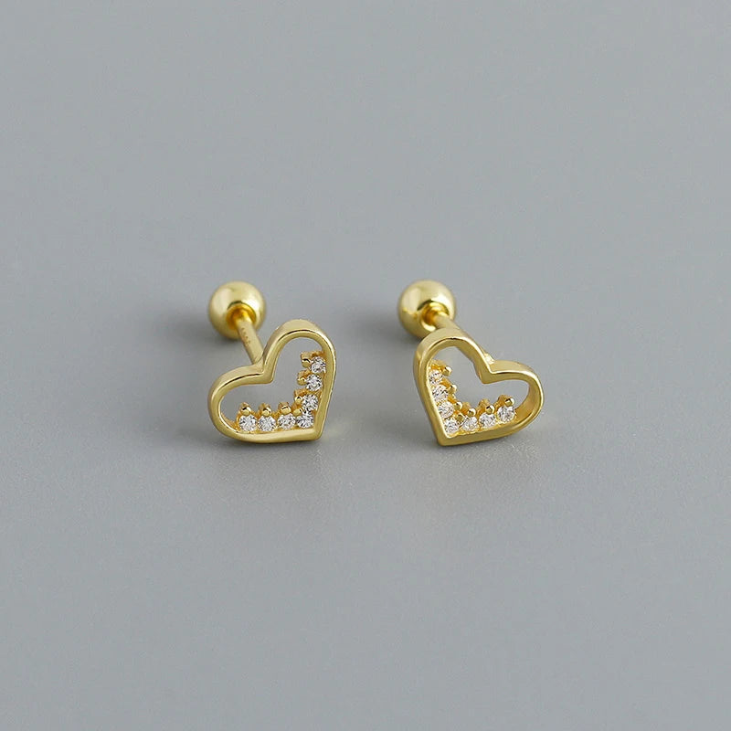 925 Sterling Silver Women's Lovely Heart Stud Earrings Fashionable Shiny Zircon Bead Charms Gold Ear Bone Piercing Screw Trendy