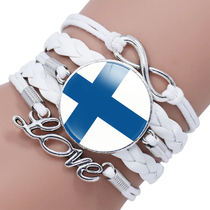 Manufacturer European National Country Flag Design Infinity Love White Leather Wrap Bracelet