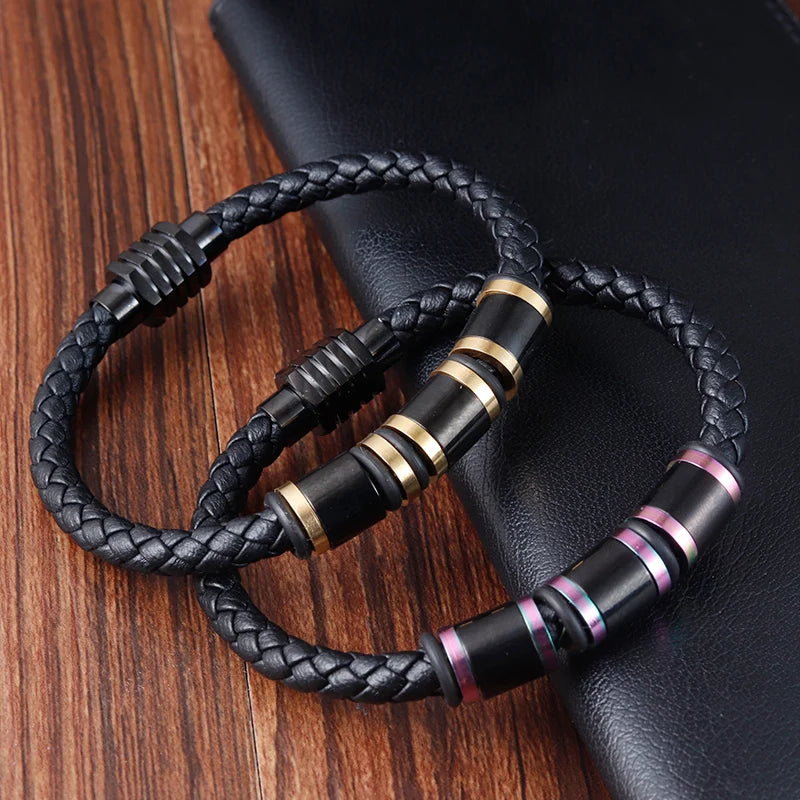 Fashion Gifts Leather Charm Bangle Adjustable Punk Style Colorful Stainless Steel Natural Leather Bracelets for Men Jewelry