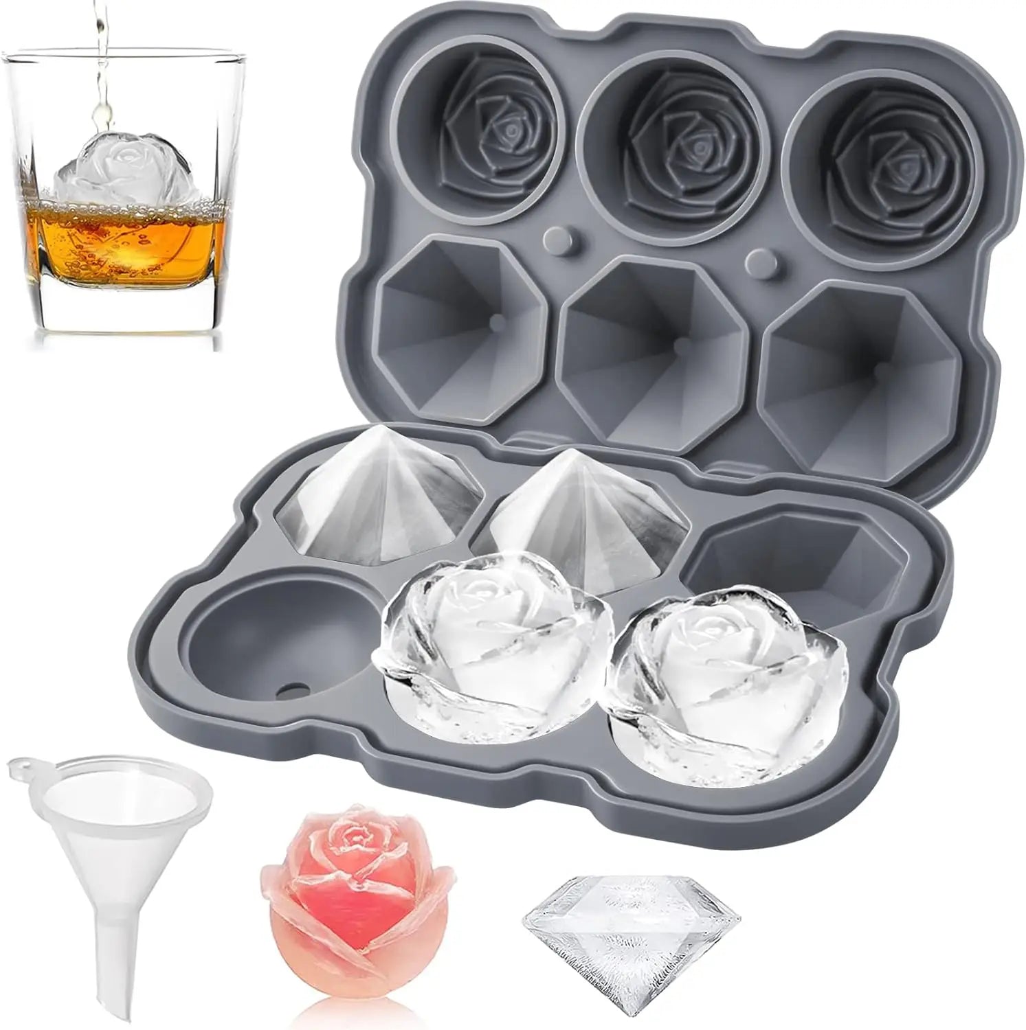 3D Rose Diamond Shape Silicone Ice Cube Tray 6 Cavities with Lid for Cocktail Whiskey Gift BPA Free