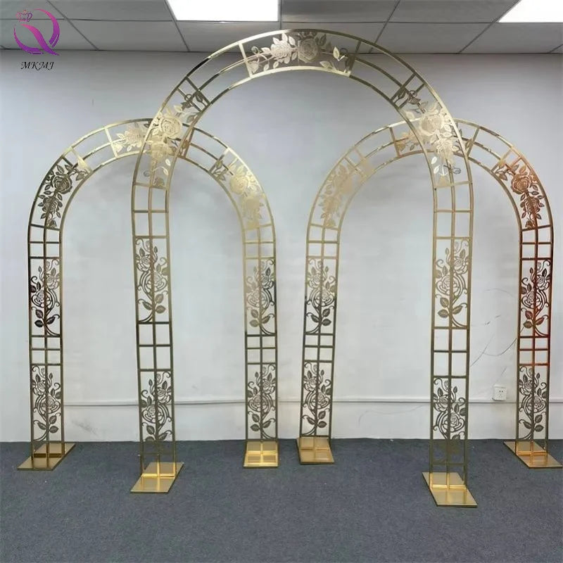 MKMJ Light Luxury Hollow Rose Floral Carved Arch Silver Wedding Stand Iron Metal Gold Arch for Wedding Stage Backdrop Decoration