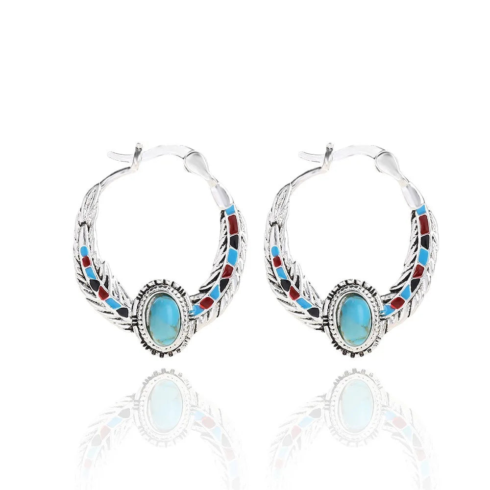 Indian Eagle Feather Brass New Western Turquoise Vintage Jewelry Hoops Stud Bohemian Earrings for Womens Jewelry Western Gift