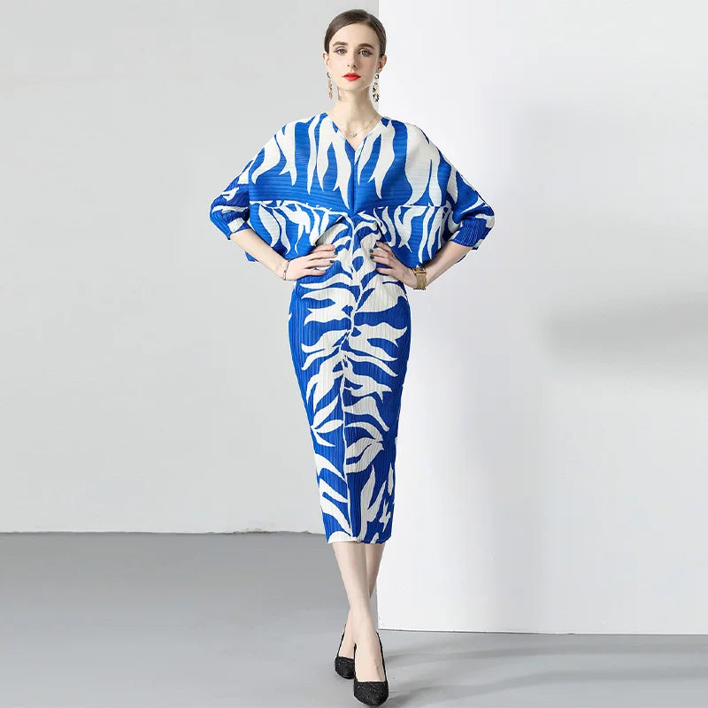 Fast Delivery Long Batwing Sleeve Pleated Ruched Chiffon Natural Waist Woven Printing Knee-Length Bohemian Dress Women Casual