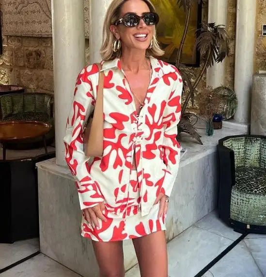 Enyami Summer Ladies Outfits Women's Clothing Printed Long Sleeve Bandage Shirt Skirt Pattern Casual Elegant Clothes Sets