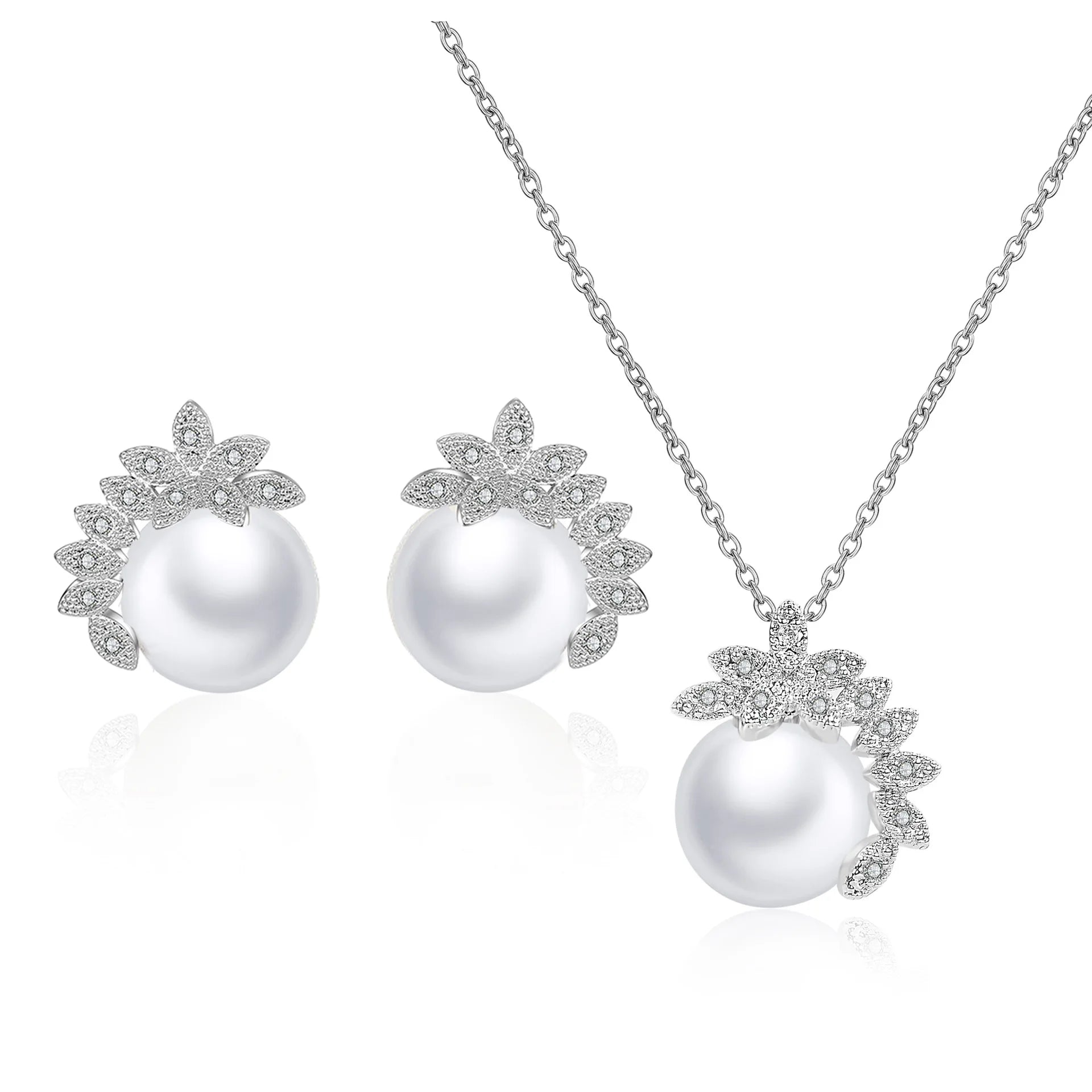 Fashion Fine Jewelry Wedding Brass Material Luxury High Quality Zircone Pearl Necklace Set for Bride