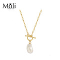 Punk Style Gold Plated Copper Alloy Link Chain 12-13mm Natural Baroque Pearl Charm Pendant Necklace