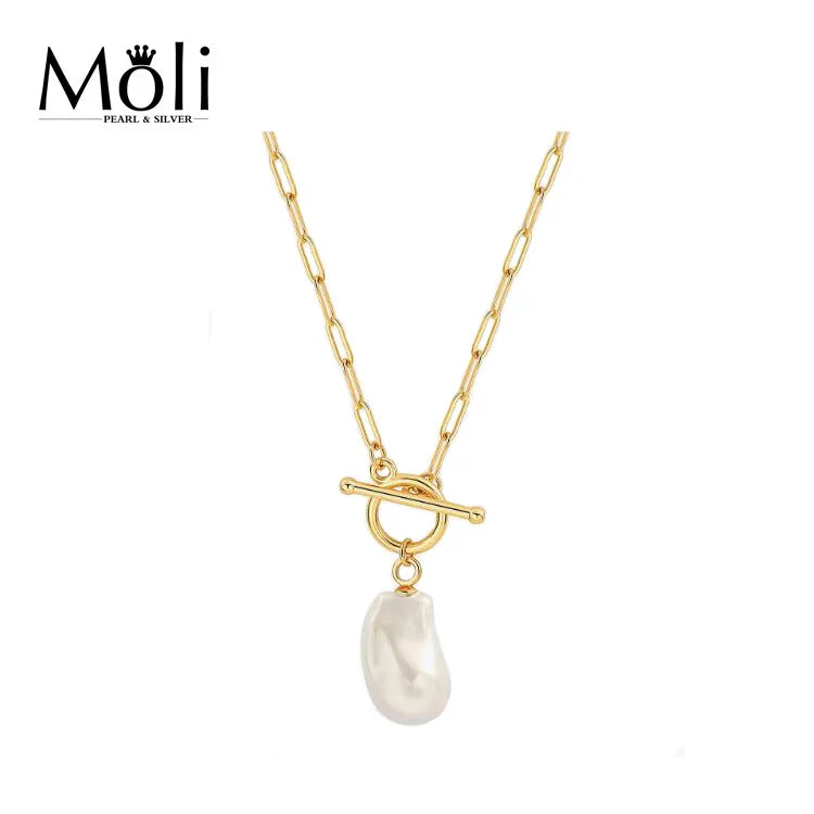 Punk Style Gold Plated Copper Alloy Link Chain 12-13mm Natural Baroque Pearl Charm Pendant Necklace