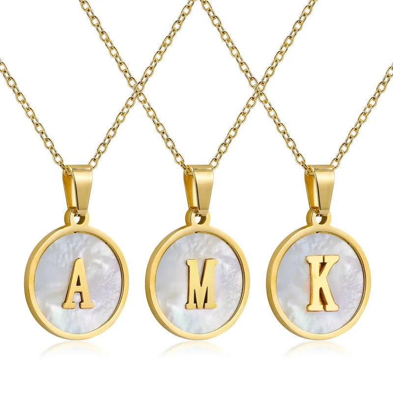 New Fashion Jewelry Stainless Steel Chain Round Shell Initial Capital Letters Charm Pendant Necklace Women 18 Inches Chain