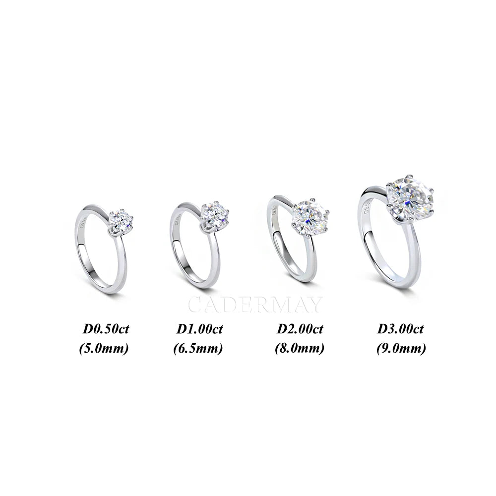 GRA Certificate Pass Cadermay RG00017 Classic 925 Silver Moissanite Solitaire Ring 0.5ct 1ct 2ct 3ct Wedding D VVS Woman