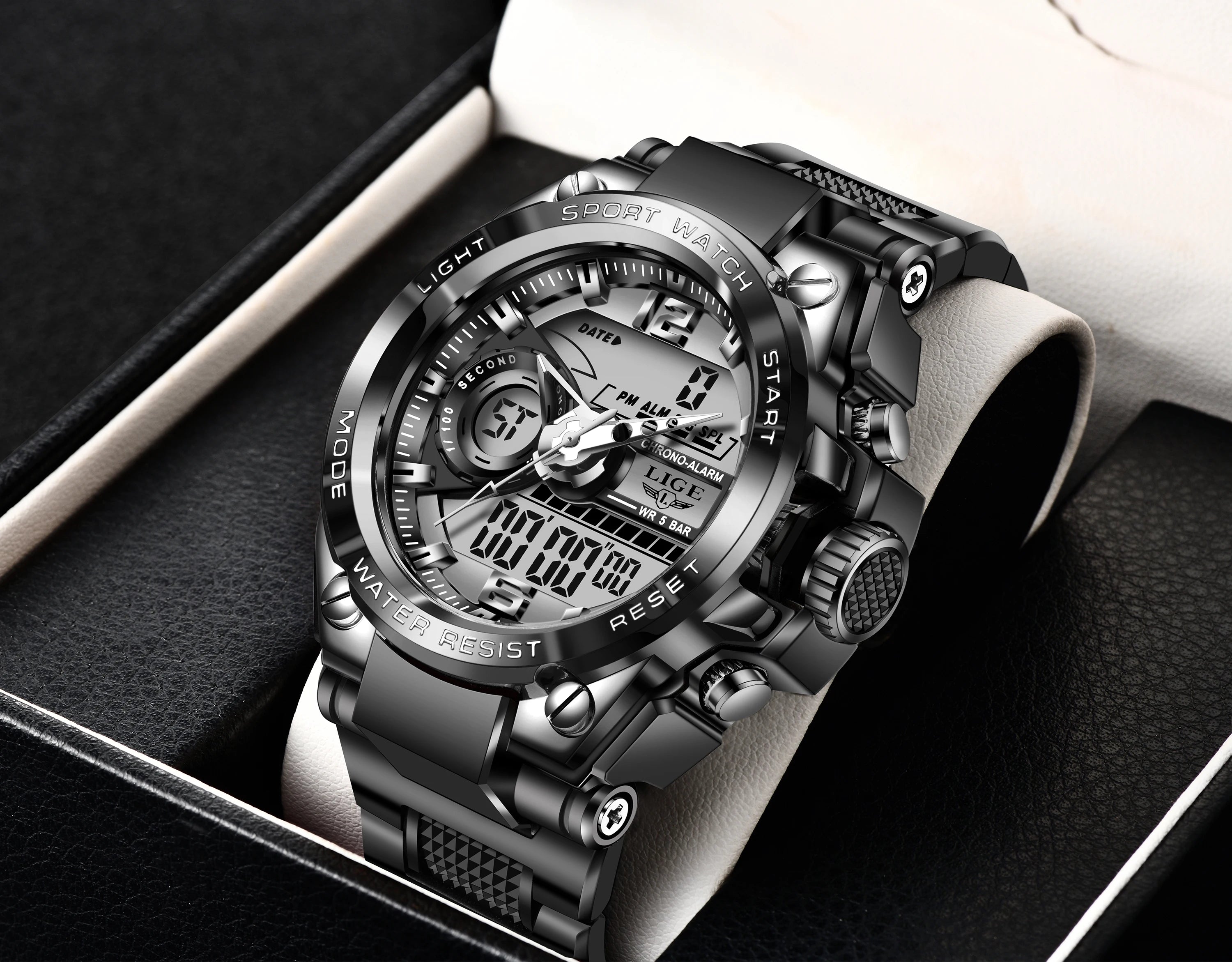 LIGE LG8922 Watch 50m Waterproof Wristwatch Clock Sport Watch Male Men Quartz Digital Watches Plastic Silicone Alloy Round