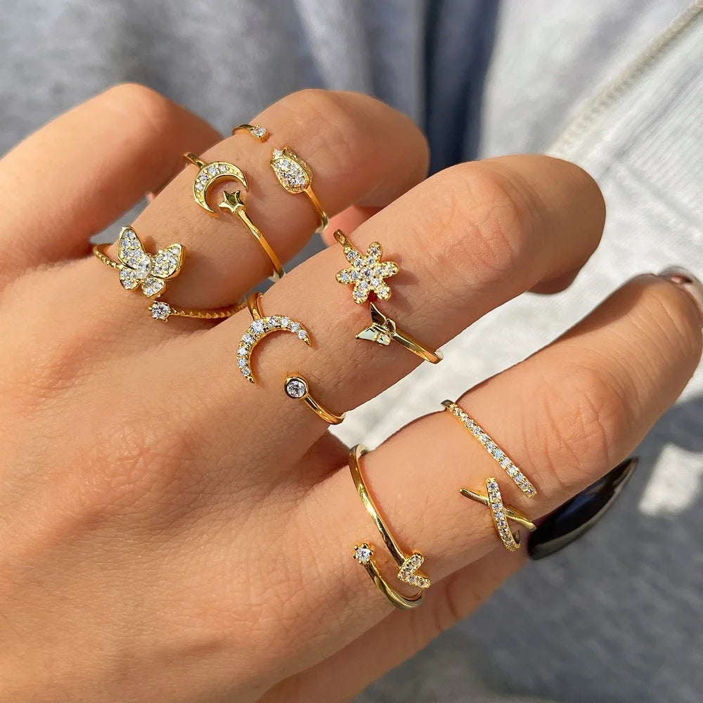 Dylam Shiny Heart Star Moon Butterfly Design 18K Gold Plated Adjustable Openings Ring 925 Sterling Silver Rings Jewelry Women